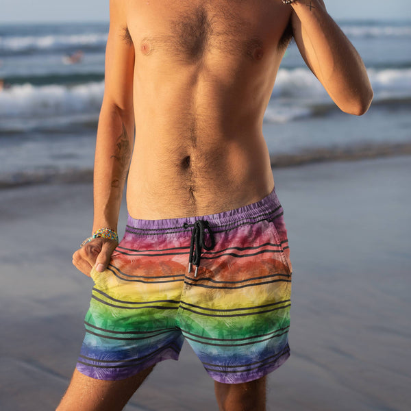 65 MCMLXV Men's LGBT Rainbow Palm Stripe Swim Trunks-Swim Trunks Men - AOP-65mcmlxv