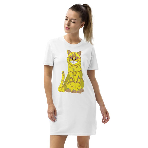 T-shirt Dress - 65 MCMLXV Women's Bejeweled Yellow 70s Disco Cat Organic Cotton T-Shirt Dress