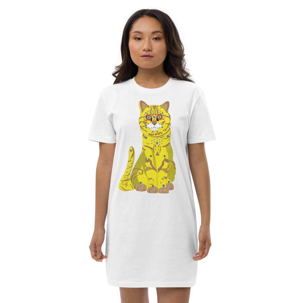 T-shirt Dress - 65 MCMLXV Women's Bejeweled Yellow 70s Disco Cat Organic Cotton T-Shirt Dress