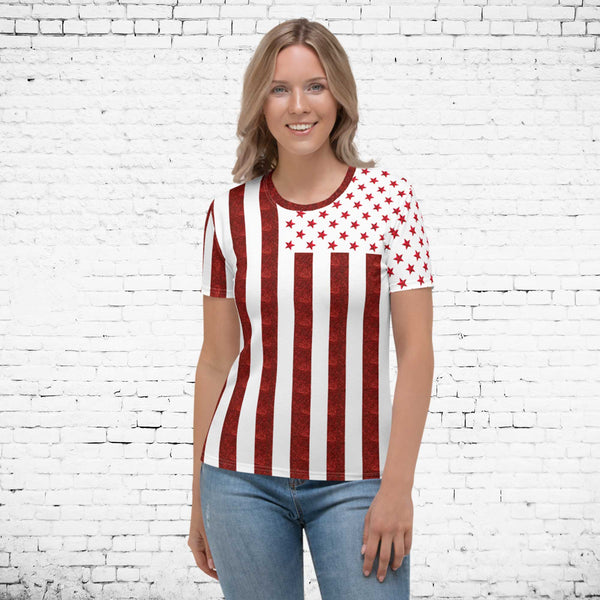 65 MCMLXV Women's Red & White American Flag Print T-Shirt-Tee Shirt-65mcmlxv
