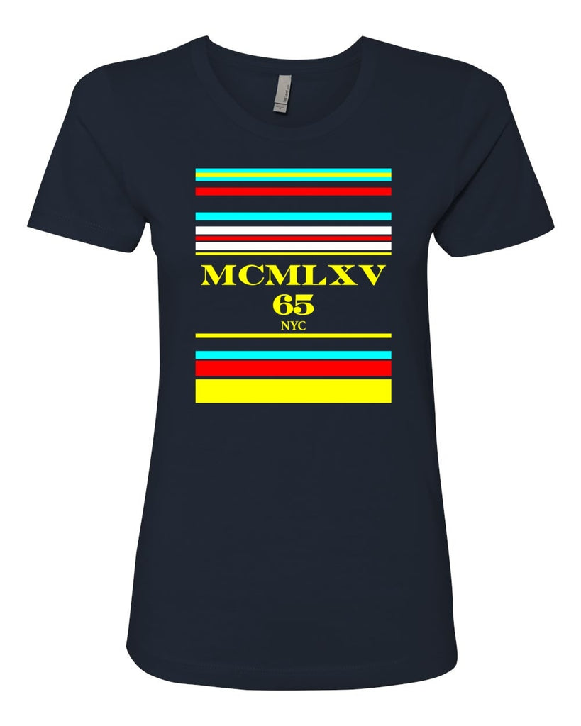 65 MCMLXV Women's Multi Stripe Logo Graphic T-Shirt-Tee Shirt-65mcmlxv