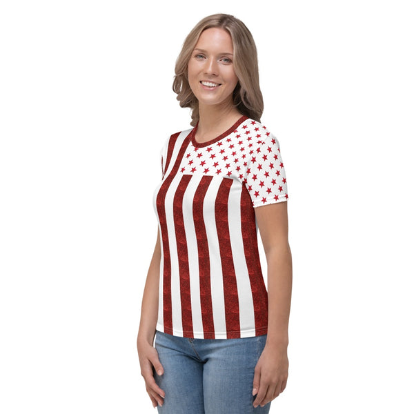 65 MCMLXV Women's Red & White American Flag Print T-Shirt-Tee Shirt-65mcmlxv