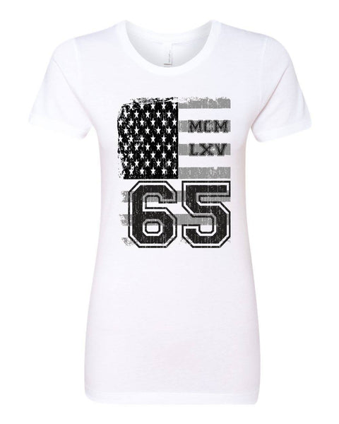 65 MCMLXV Women's Vintage USA Flag Americana Graphic T-Shirt-Tee Shirt-65mcmlxv